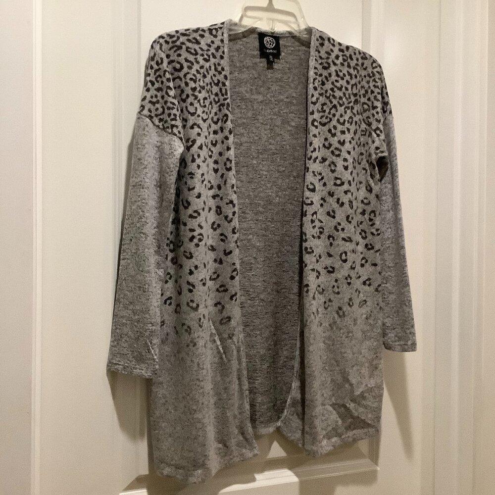 Bobeau long open front cardigan, gray/leopard print, size XS